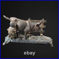 Antique Iron Cast Farmer Milking Cow Coin Bank Farming Boy 9W 5W