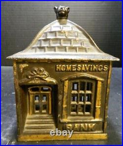 Antique J&E Stevens Cast Iron Homesavings Coin Bank with Dog Finial 5.75x4.38 VG