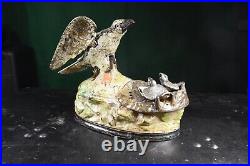 Antique J & E Stevens Cast Iron Mechanical Coin Bank Eagle Eaglets 19th Century