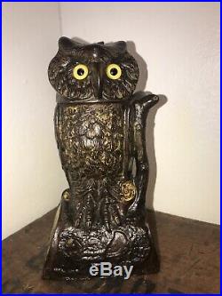 Antique J&E Stevens Cast Iron Mechanical Owl Bank, Original Paint, Works 100%