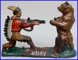 Antique J&E Stevens Indian Bear Hunt Original Cast Iron Mechanical Bank