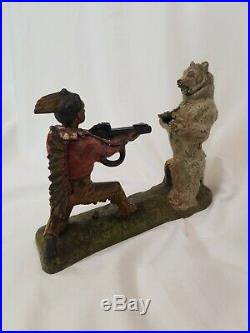 Antique J&E Stevens Western Indian Bear Hunt Cast Iron Mechanical Bank