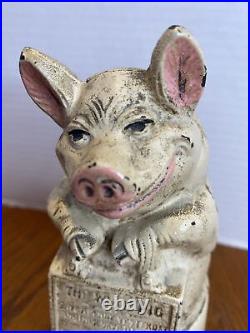 Antique J. M. R. Hubley No. 822 Cast Iron Thrifty Wise Pig Still Piggy Bank 1930s