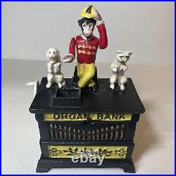 Antique Kyser & Rex 1882 OrganCoin Bank Cast Iron Monkey Dog Cat