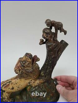 Antique Kyser & Rex Lion & Two Monkeys Cast Iron Mechanical Bank Original Paint