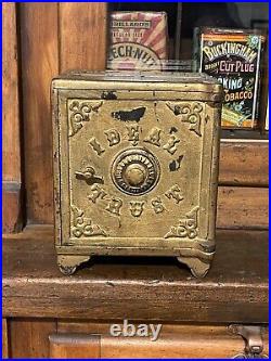 Antique Large 7 Tall Cast Iron Still Bank Ideal Trust Combination Safe Opens