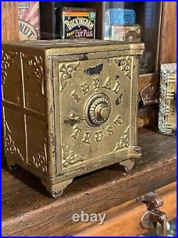 Antique Large 7 Tall Cast Iron Still Bank Ideal Trust Combination Safe Opens