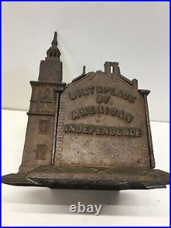 Antique Large Independence Hall Cast Iron Coin Bank 1875 Enterprise, Mfg. Co