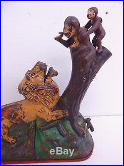 Antique Lion & Monkeys Cast Iron Mechanical Bank Original Paint