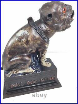 Antique Mechanical Cast Iron Bank J&E Stevens 1890s Bulldog Dog Blue Blanket