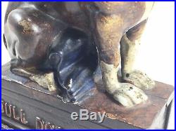 Antique Mechanical Cast Iron Bank J&E Stevens 1890s Bulldog Dog Blue Blanket
