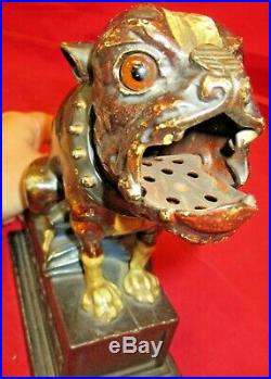 Antique Mechanical Cast Iron Bank J&E Stevens 1890s C9 Bulldog Dog Blue Blanket