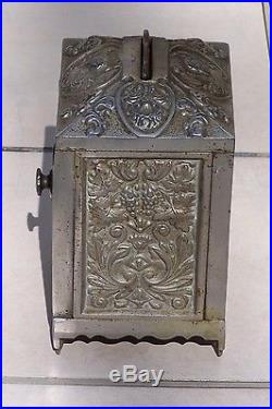 Antique Nickel plated Coin Deposit Bank, Rare Large Size with Raised Top