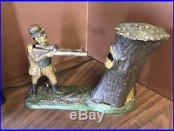 Antique ORIGINAL PATENT APPLIED FOR TEDDY AND THE BEAR CAST IRON COIN BANK