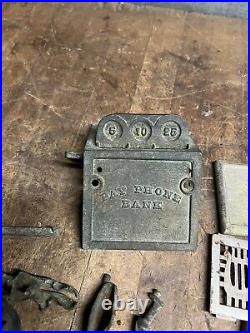 Antique Old Cast Iron Mechanical Novelty Coin Pay Phone Bank Radio Toy Parts Lot
