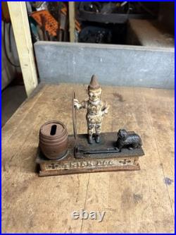 Antique Original Cast Iron Mechanical Novelty Coin Bank Toy Trick Dog Clown USA