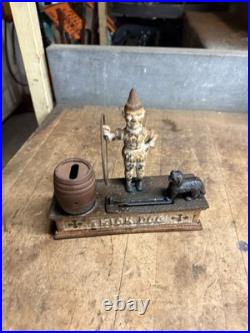 Antique Original Cast Iron Mechanical Novelty Coin Bank Toy Trick Dog Clown USA