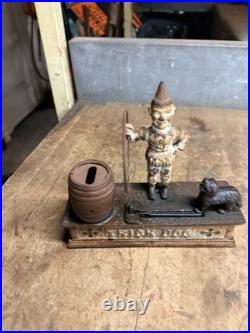 Antique Original Cast Iron Mechanical Novelty Coin Bank Toy Trick Dog Clown USA