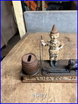 Antique Original Cast Iron Mechanical Novelty Coin Bank Toy Trick Dog Clown USA