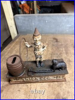 Antique Original Cast Iron Mechanical Novelty Coin Bank Toy Trick Dog Clown USA