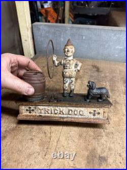 Antique Original Cast Iron Mechanical Novelty Coin Bank Toy Trick Dog Clown USA