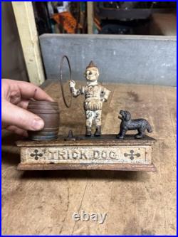 Antique Original Cast Iron Mechanical Novelty Coin Bank Toy Trick Dog Clown USA