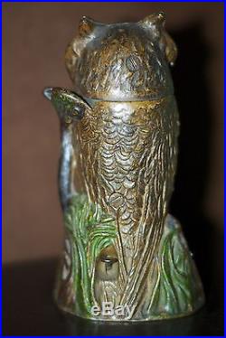 Antique Owl Turns Head Cast Iron Mechanical Bank J & E Stevens Original c. 1880