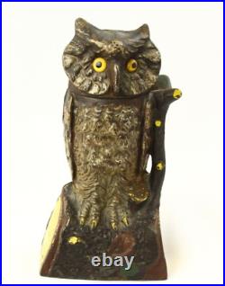 Antique Pat. D 1880 Cast Iron Mechanical Owl On Stump Bank Works Orig. Paint 7.5