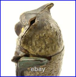 Antique Pat. D 1880 Cast Iron Mechanical Owl On Stump Bank Works Orig. Paint 7.5