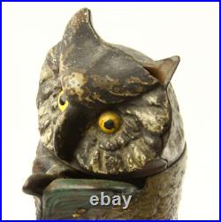 Antique Pat. D 1880 Cast Iron Mechanical Owl On Stump Bank Works Orig. Paint 7.5