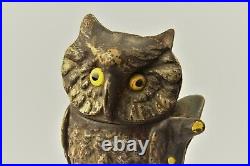 Antique Pat. D 1880 Cast Iron Mechanical Owl On Stump Bank Works Orig. Paint 7.5