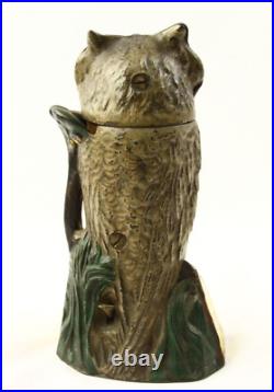 Antique Pat. D 1880 Cast Iron Mechanical Owl On Stump Bank Works Orig. Paint 7.5