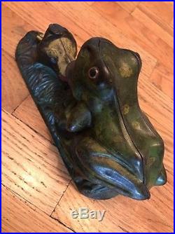 Antique Primitive Original Two Frogs Metal Toy Bank Cast Iron 1800s