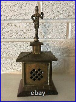 Antique Scarce Rare Brass and wood House Still Bank with Knight finial Figure