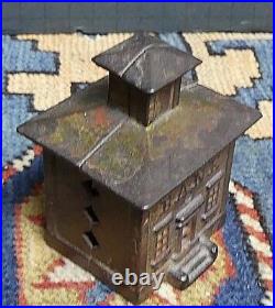 Antique Small Cast Iron Still Bank Building With Cupola J & E Stevens 1870