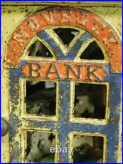 Antique Stevens 1873 Cast Iron Mechanical NOVELTY Bank Building Original Paint