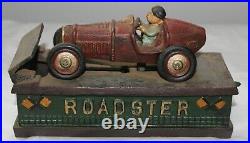 Antique Vintage Cast Iron Roadster Hand Painted Mechanical Piggy Bank Works