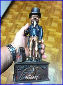 Antique Vintage Cast Iron Uncle Sam Mechanical Bank by Shepard Hardware cir. 1886