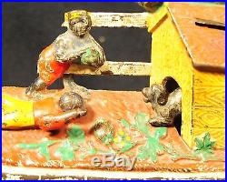 Antique Vintage RARE Cast Iron boys playing with Dog Doghouse Mechanical Bank