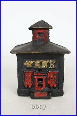 Antique Vintage Semi-Painted Cast Iron 2pc Coin Piggy Bank Building 3.5 Tall