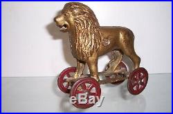 Antique Vtg 1920 AC Williams Dime Store Cast Iron Lion on Wheels Penny Bank