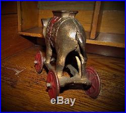 Antique Vtg A C Williams Dime Store Cast Iron Elephant on Wheels Pull Penny Bank