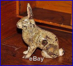 Antique Vtg Williams Dime Store Cast Iron Bunny Rabbit Penny Bank with Turnpin
