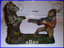 Antique Western Indian, BEAR HUNT, Cast Iron Mechanical Bank Works Too