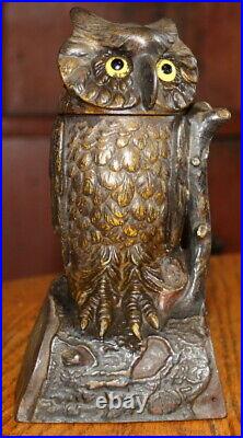 Antique c1880 J&E Stevens Original Owl Turns Head Cast Iron Mechanical Bank