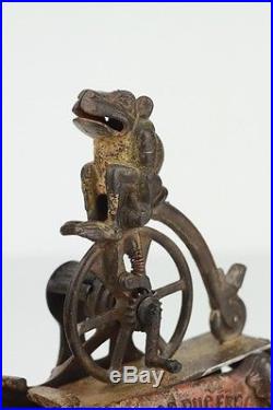 Antique c. 1892 J&E Stevens Professor Pug Frog Mechanical Cast Iron Coin Bank