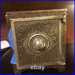 Antique cast iron Security Safe Deposit 1890s toy combination coin bank Unlocked