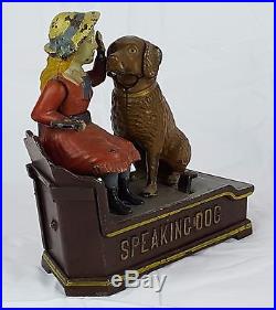 Authentic vintage Speaking Dog cast iron mechanical toy bank c. 1885