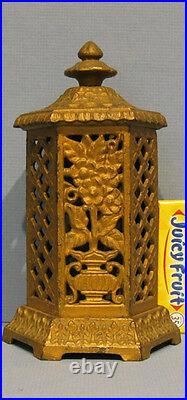 BIG PRICE CUT OLD ORIG. SPACE HEATER CAST IRON TOY BANK WithFLOWER DESIGN BK807