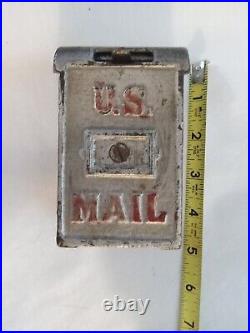 Bank Antique Cast Iron Still US Mail Box Silver Red Letters Hinged Slot Kenton